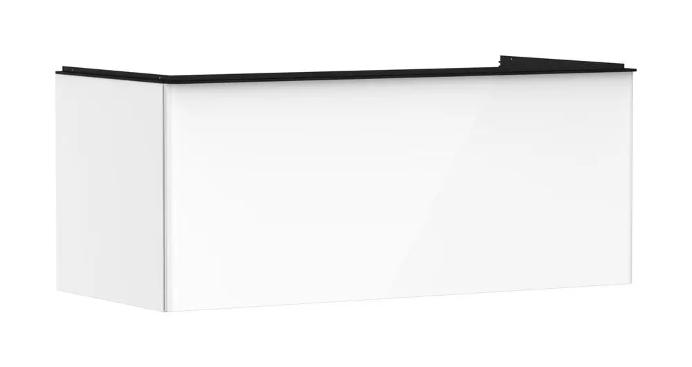 Weißer Waschtischunterschrank mit glatter Oberfläche und schwarzem Oberteil. Eignet sich für Konsolen und besitzt einen Schubkasten. Marke: Hansgrohe.